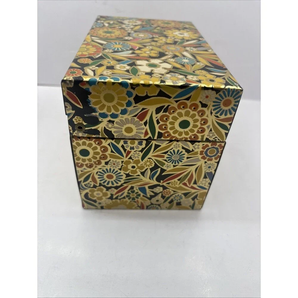 Vintage J. Chein & Co. 1970s Tin Recipe Box Gold Mod Floral Litho USA